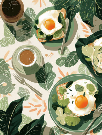 Enjoy a delightful brunch with perfectly cooked eggs, fresh greens, and aromatic coffee, all presented in a bright and inviting table arrangement.の素材
