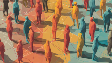 Colorful figures of individuals are interconnected with lines, illustrating teamwork and networking.の素材
