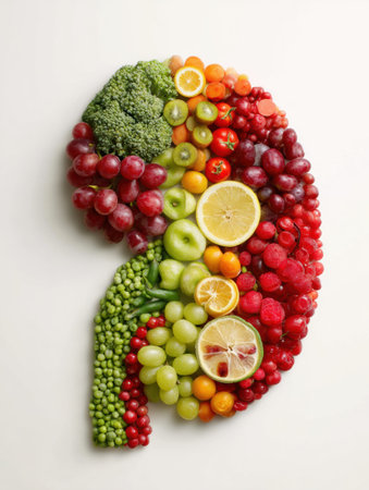 A colorful kidney shape is crafted from a variety of fresh fruits and vegetables, showing greens, reds, yellows, and purples against a white backdrop.の素材