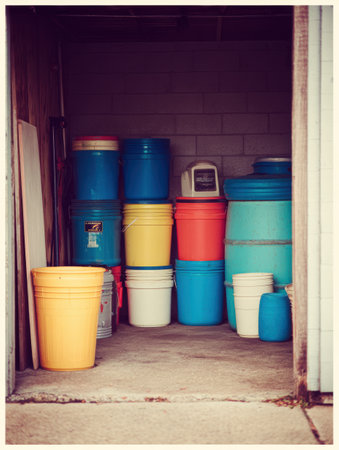 Brightly colored containers are neatly stacked in a garage, showing a variety of shapes and sizes, with ample space on the left side for easy access.の素材