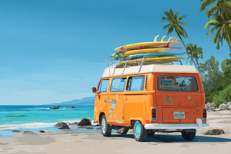 Beachgoers enjoy a sunny day as a vibrant camper van awaits with surfboards loaded on top, ready for a day of fun and waves by the ocean.の素材