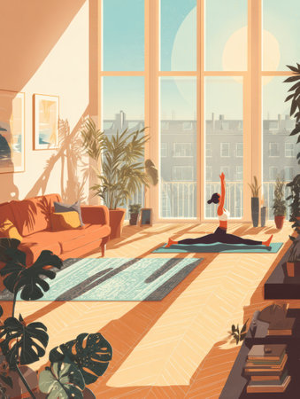 A person does yoga in a bright, plant-filled living room, creating a peaceful and relaxing morning atmosphere.の素材