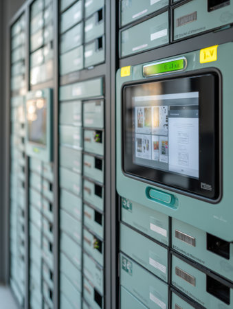 Smart locker wall features an interface that shows the status of deliveries while illuminated indicators guide users effectively in a modern environment.の素材