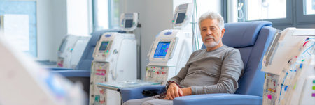 A dialysis patient sits comfortably in an ergonomic chair while undergoing treatment in a well-lit, modern clinic featuring advanced medical equipment.の素材
