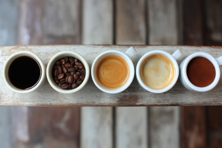 Cups arranged sequentially from low to high caffeine content create an enticing coffee menu, with coffee beans included to highlight the journey of flavors.の素材