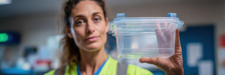 Healthcare worker presents a clear lockable medication container in a hospital environment during a shift focused on patient safety and medication management.の素材