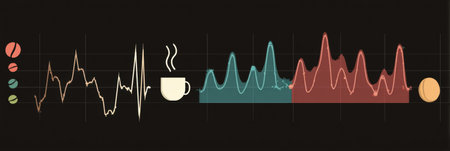 Visual representation traces energy fluctuations caused by caffeine consumption, highlighting the initial spike followed by a significant crash phase.の素材