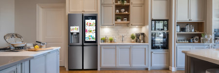 Sleek kitchen features a screen with frozen meal plans displayed prominently, highlighting a clean and modern design in an organized space ideal for cooking.の素材