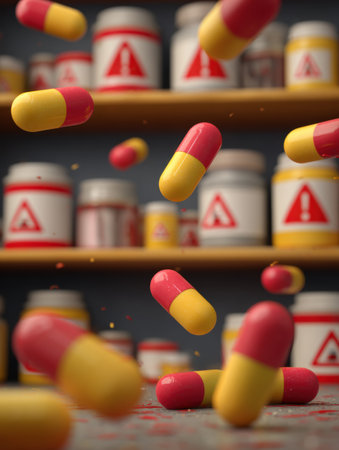 Colorful pills cascade from an open shelf filled with containers marked by warning signs, illustrating a potentially hazardous situation in a pharmacy setting.の素材
