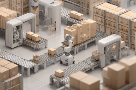 Robots are actively sorting and organizing packages in a tidy warehouse, showcasing advanced automation and efficient logistics operations.の素材