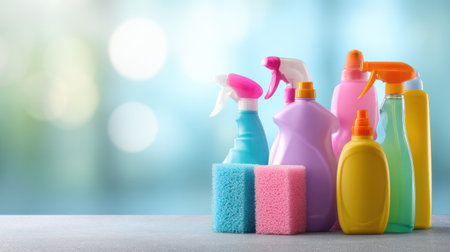 Colorful cleaning products line a countertop, creating an eye-catching display against a soft-focus background, ideal for promotions.の素材