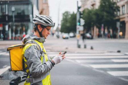 Courier on bicycle stands at city intersection, using smartphone to navigate while wearing a bright jacket and helmet in urban environment.の素材