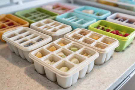 Frozen baby food trays with colorful fruits and veggies are neatly arranged on a bright kitchen countertop, ready for infant meal prep.の素材