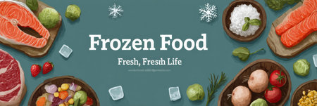 Colorful display of various frozen food items showing a healthy lifestyle. Eye-catching layout features fresh ingredients and a modern design.の素材