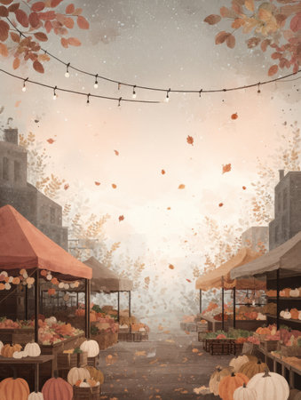 A vibrant autumn market showcasing an array of pumpkins and colorful fall leaves under string lights, evoking a warm seasonal ambiance.の素材