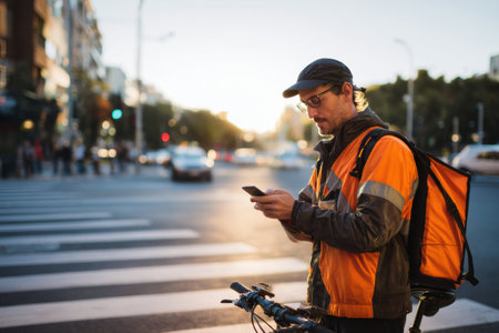 Courier on bicycle stops at a city intersection to check route on smartphone as sunlight casts a warm glow, indicating late afternoon.の素材