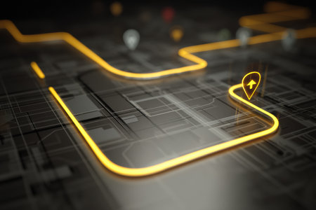 A dynamic map route animation leads to a highlighted doorstep icon, showcasing a clear layout and emphasis on navigation and destination.の素材