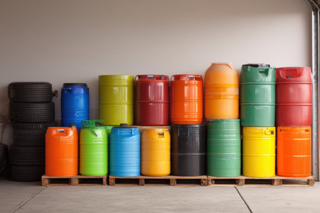 Unlabeled containers in various colors are stacked on pallets inside a garage, with a clean left margin providing organized space for additional items.の素材