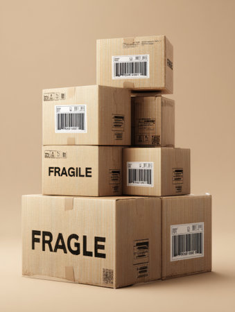 Multiple fragile parcels stacked on top of each other, displaying barcode scans and an open layout, set against a minimalist background suitable for storage.の素材