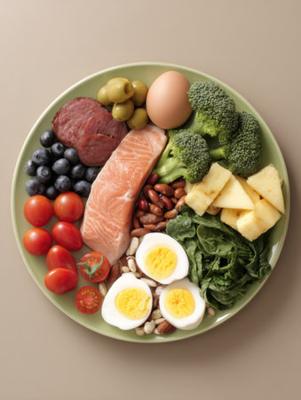 Plate features kidney-friendly foods including salmon, broccoli, eggs, tomatoes, and fruits, all neatly arranged for a wholesome meal.の素材