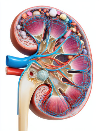 Cross-section diagram presents labeled kidney anatomy with vascular, tubular, and nephron structures clearly noted for educational purposes.の素材