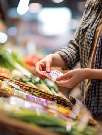 Nutritionist highlights kidney-friendly options by placing a sticker on a grocery item, promoting healthier choices at a local market.の素材