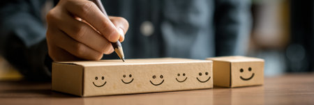Customer submits a review about their courier experience by marking a satisfaction scale with smiles, capturing their thoughts clearly and quickly.の素材
