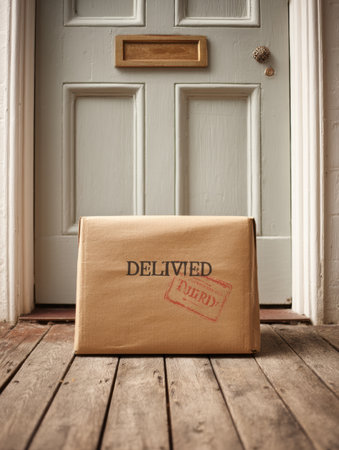 A package marked Delivered is positioned in front of a door, bright sunlight illuminating the wooden entrance area, indicating a successful delivery.の素材