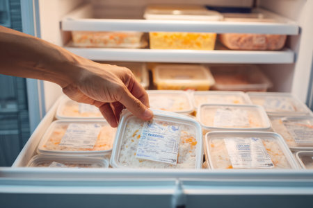A hand is placing a labeled frozen meal into a chest freezer filled with organized, colorful containers of different frozen meals.の素材