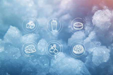 Various frozen food brand icons are centrally arranged against a cool icy gradient for a modern, clear product display.の素材