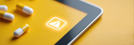Brightly lit tablet screen features a poison prevention app icon, surrounded by white capsules on a vibrant yellow background, emphasizing safety awareness.の素材