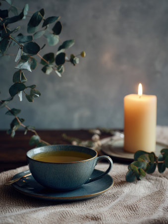 Enjoy a peaceful moment in a calming kitchen featuring a cup of herbal tea and a softly glowing candle, creating a tranquil ambiance ideal for relaxation.の素材