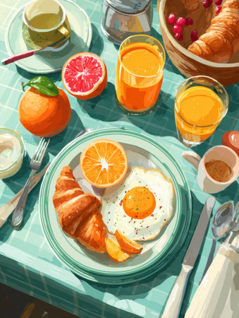 Morning breakfast scene with a colorful array of eggs, croissants, and fresh orange juice on a cheerful table, inviting a delightful start to the day.の素材
