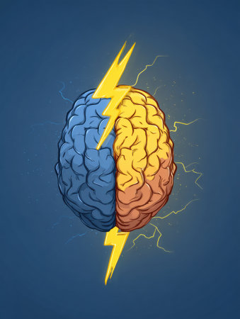 An animated brain with a lightning bolt shifts from chaotic energy to a calm zone, symbolizing mental clarity.の素材