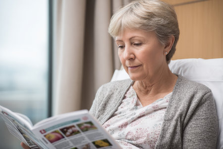 Patient focuses on a kidney health brochure while sitting in a hospital room, looking for information to improve understanding of health issues.の素材