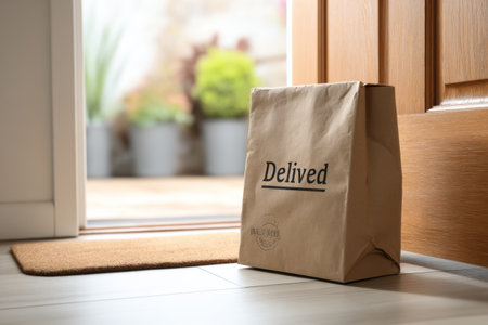 A package displaying a delivered stamp rests at the entrance of a home, with bright light illuminating the surroundings and plants visible in the background.の素材