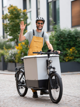 A courier smiles and waves while riding a cargo bike with a large delivery box in a sunny urban area filled with greenery.の素材