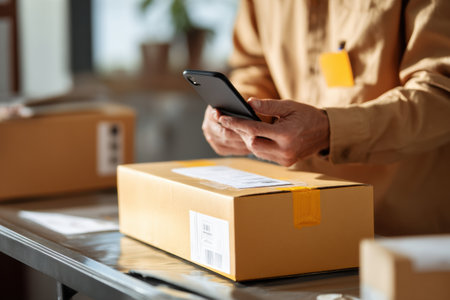 Individual using a smartphone to scan a parcel label in a well-lit workspace, surrounded by additional packages, likely organizing shipments during the day.の素材