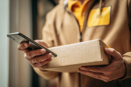 Individuals utilize smartphone to scan a parcel label, likely checking tracking details in a delivery environment during the day.の素材