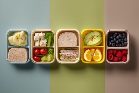 An editorial layout displays various healthy frozen lunch options, each with calorie counts, designed for easy meal planning and nutritious choices.の素材