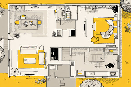 Floor plan design features child and pet-friendly areas, highlighting functional layouts for living, sleeping, and activity spaces in a serene environmentの素材