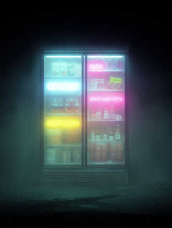 A freezer door stands out in a dark environment, fog swirling around while vibrant neon labels glow, creating an intriguing visual experience.の素材