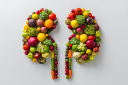 Colorful arrangement of fruits and vegetables in the shape of kidneys on a bright white background showcases the importance of healthy eating and wellness.の素材