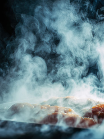 Close-up view of steam swirling above a heated frozen dinner, signaling warmth and flavor while the dish cooks in the kitchen at dinner time.の素材