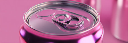 A stunning 3D render shows alarm bells around a shiny energy drink can on a minimal pink background, creating a striking visual effect.の素材