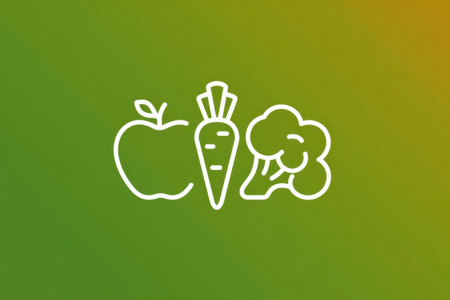 Icons of apple, carrot, and broccoli are displayed on a lush green backdrop, promoting a message of fresh foods and healthy lifestyle choices.の素材