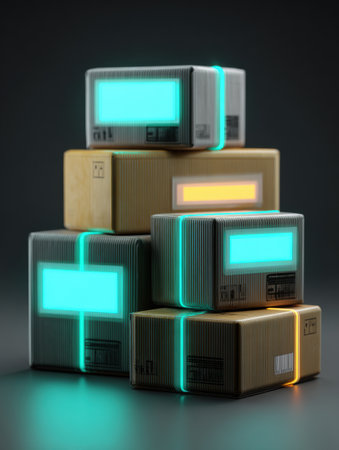 A collection of packages with softly glowing labels is stacked together, creating an intriguing display in a dimly lit space.の素材