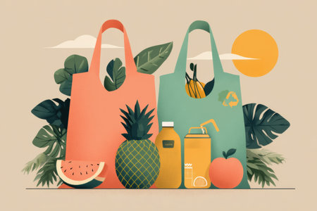 Illustration featuring reusable bags filled with fruits and beverages, set against a backdrop of vibrant plants and a bright sun, promoting sustainability.の素材