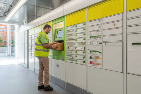Delivery person accesses a box locker to retrieve a package in a well-lit, contemporary environment with a vibrant layout.の素材