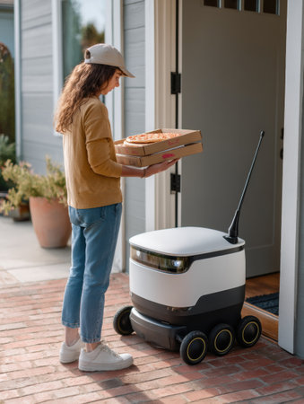Teenager stands at the doorway holding two boxes of frozen pizza as a delivery robot waits nearby on a sunny day in a suburban neighborhood.の素材